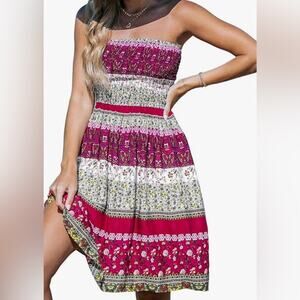 Women's Cupshe Red & Pink Floral Print Smocked Tube Dress Small